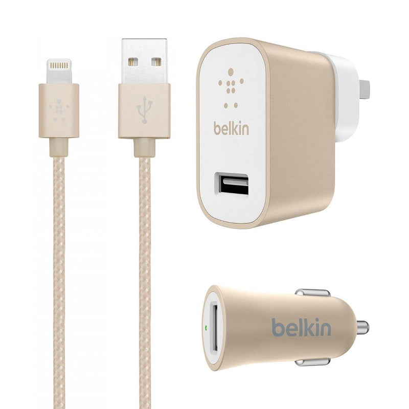 Belkin MIXIT↑ Charger Kit for iPhone & iPad - Wall / Car Charger & Lightning Cable - Gold (New)